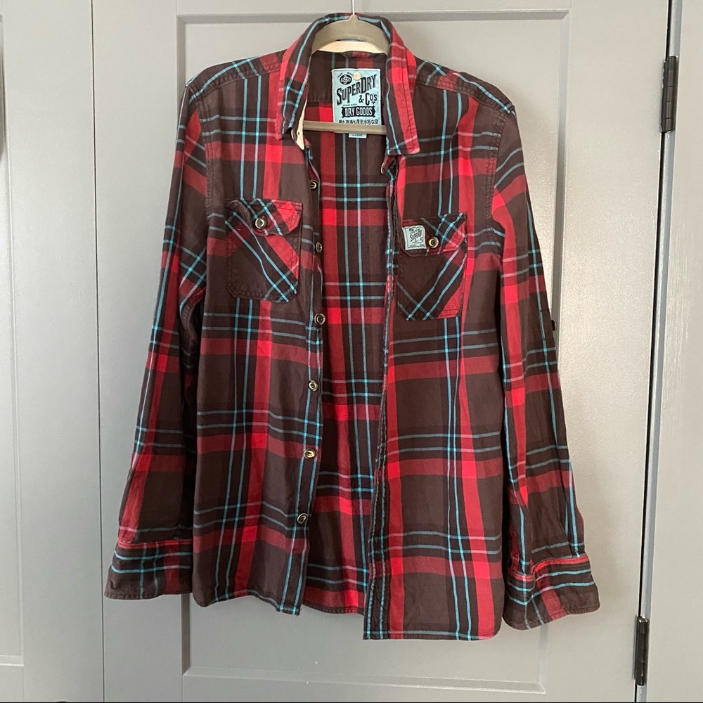 Brown, red, and blue plaid Superdry flannel